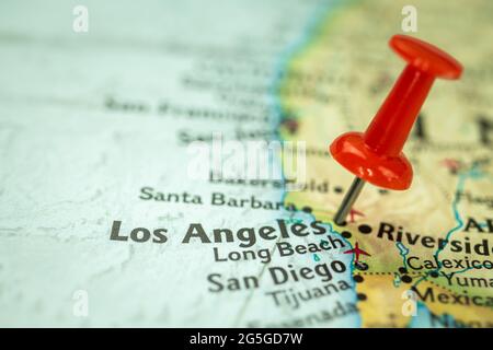 Ort Los Angeles Stadt in Kalifornien, Karte mit rotem Stecknadel aus nächster Nähe, USA, Vereinigte Staaten von Amerika Stockfoto
