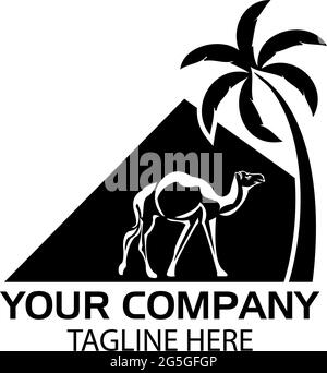 Kamel-Logo in der Wüste. Flaches Design. Silhouette von Kamelen, Pyramiden und Kokospalmen Stock Vektor
