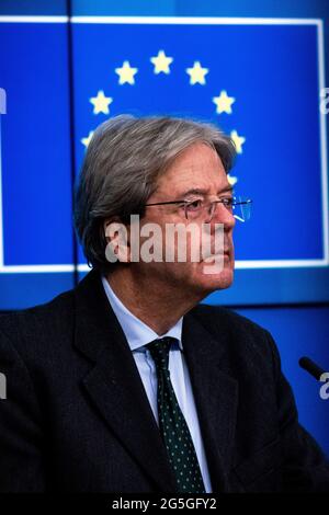 Porträt des EU-Kommissars für Wirtschaft und des ehemaligen italienischen Ministerpräsidenten Paolo Gentiloni. Brüssel. Belgien. Stockfoto