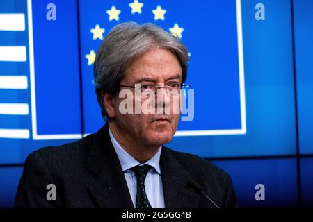 Porträt des EU-Kommissars für Wirtschaft und des ehemaligen italienischen Ministerpräsidenten Paolo Gentiloni. Brüssel. Belgien. Stockfoto