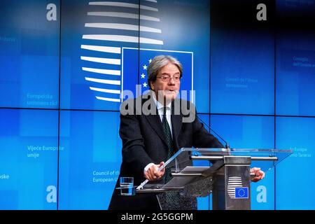 Porträt des EU-Kommissars für Wirtschaft und des ehemaligen italienischen Ministerpräsidenten Paolo Gentiloni. Brüssel. Belgien. Stockfoto