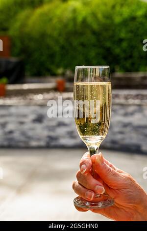 Hand hält an einem Sommerabend im Garten ein Flötenglas Champagner Stockfoto