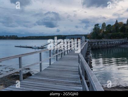 In Northeast Harbor, Maine, führt eine erhöhte hölzerne Promenade am Gilpatrick Cove Inlet zu einem Shack und dem Floating Dock auf halber Strecke gegenüber. Stockfoto