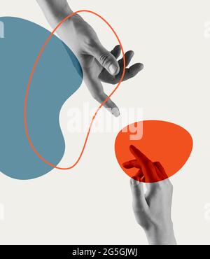 Collage zeitgenössischer Kunst. Weibliche und männliche Hände isoliert über hellem Hintergrund. Stockfoto