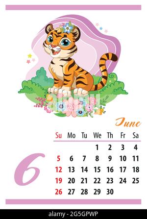 Wandkalender für 2022, Juni. Niedliche Cartoon Tiger Junge sitzt in Blumen. Das Symbol des Jahres. Tierischer Charakter. Darstellung von Farbvektoren. Wochensta Stock Vektor