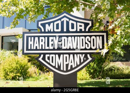 Sep 26, 2020 Mountain View / CA / USA - Motor Company Harley-Davidson Logo am Hauptsitz im Silicon Valley; Harley-Davidson, Inc., H-D, oder Har Stockfoto