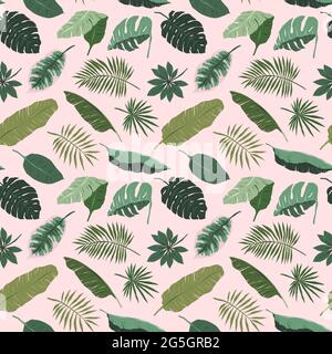 Tropisches Blattmuster, Monstera, Palme und Bananenblatt-Illustration auf rosa Hintergrund, botanische nahtlose Wiederholung Ornament, verschiedene Dschungel Stock Vektor