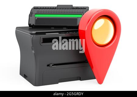 Kartenzeiger mit Multifunktionsdrucker MFP, 3D-Rendering isoliert auf weißem Hintergrund Stockfoto