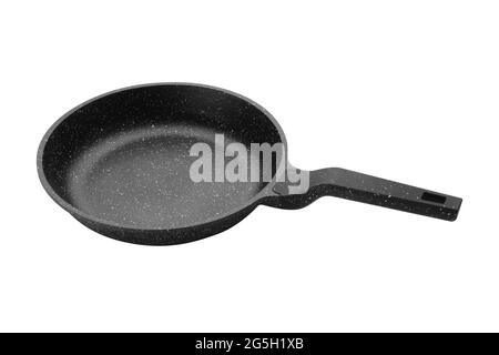 Bratpfanne mit Marmorabdeckung. Bratpfanne isoliert auf Weiß. Stockfoto