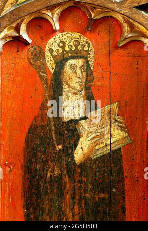 St. Etheldreda, Rood Screen Painting, c.1500, North Tuddenham, Norfolk. Heilige, Äbtissin, Königin von East Anglia, England, Großbritannien Stockfoto