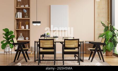 Plakat im modernen Esszimmer-Innenarchitektur mit cremefarbenen leeren Wänden.3d-Rendering Stockfoto