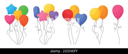 Bunch Balloon Geburtstag farbige Cartoon-Set. Regenbogen glänzende Helium Luftballons Bündchen und Gruppen flache Partei Sammlung. Feiertag Jubiläum Überraschung rund Kreis, Herzform. Vektorgrafik Stock Vektor