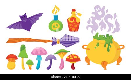 Magisches Set Halloween flacher Cartoon, Hexenelemente. Hackkessel, Fledermaus, giftiger Pilz, Zauberer Besen, Trank Giftflasche. Party Comic Horror Hexerei esoterische Alchemie Elemente. Vektorgrafik Stock Vektor