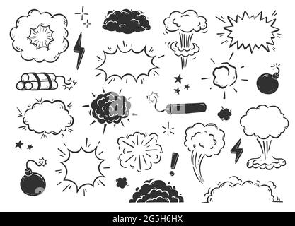 Handgezeichnete Explosion, Bombe, Rauchelement. Comic-Kritzelskizze. Bombenwolke, Dynamit, Sternzeichen. Vektorgrafik. Stock Vektor