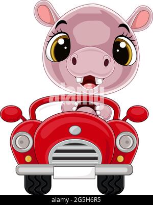 Cartoon Baby Nilpferd fahren rotes Auto Stock Vektor