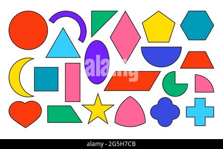 Farbenfrohe, flache geometrische Formen-Symbole mit schwarzem Kontursatz. Grundlegende mathematische Formen wie Quadrat, Kreis, Oval, Dreieck, Stern, Herz und andere. Kit zum Lernen von Kindern in der Schule. Isolierte Vektordarstellung Stock Vektor