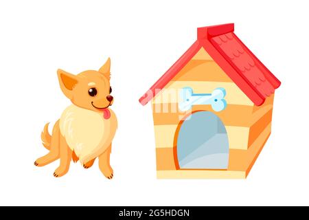 Chihuahua Hund und Zwinger mit Schale. holzhaus mit rotem Dach isoliert auf weißem Hintergrund. Vektor-Illustration in niedlichen Cartoon-Stil Stock Vektor