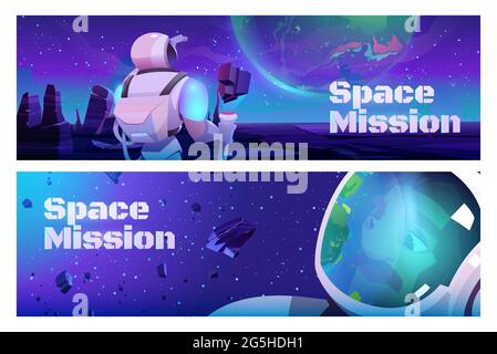 Banner für Weltraummissionen mit Astronaut im Anzug und Helm auf einem fremden Planeten in der fernen Galaxie. Vektor-Header der Kosmos-Exploration mit Cartoon-Illustration des Kosmonauten in Raumanzügen Stock Vektor