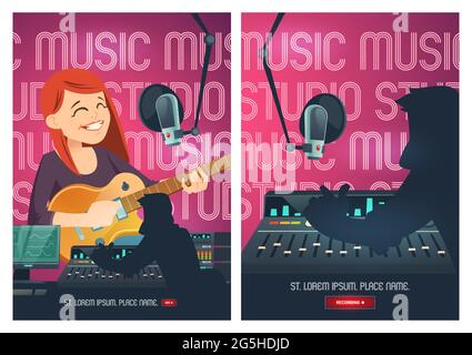 Aufnahme Studio Cartoon Poster, Sängerin Frau mit Gitarre singen in der Musikkabine mit Mikrofon und Ingenieur Aufnahme, Mischen und Mastering Proben auf Tonflötenbrett, Vektor-Illustration Stock Vektor