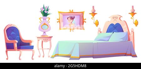 Prinzessin Schlafzimmer Möbel-Set, Innenelemente für Vintage-Zimmer. Elegantes Retro-Bett, Schrank, Samtsessel. Klassische königliche Stil feminines Design für Mädchen Cartoon Vektor isolierte Illustration Stock Vektor