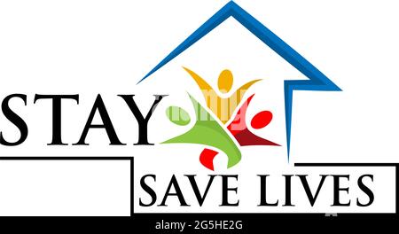 „Stay at Home“-Schriftzug mit „Happy Family staying at Home“. Schutzkampagne vor Coronavirus. Flaches Design. Vektorgrafik auf weißem Hintergrund Stock Vektor