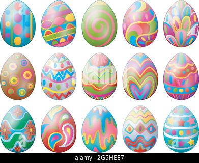 Set von bunt verzierten ostereiern isoliert auf weißem Hintergrund Stock Vektor