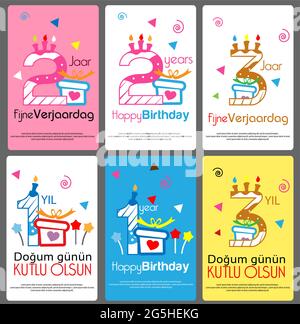 Happy Birthday Vektor-Design in Englisch, Niederländisch und Türkisch. Banner-Vorlage Stock Vektor