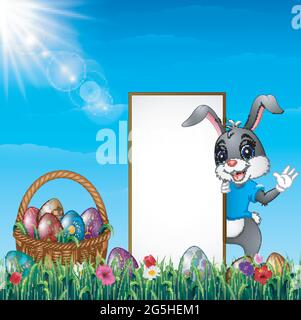 Cartoon Osterhase mit einem Korb mit ostereiern und leerem Schild im Grasfeld Stock Vektor