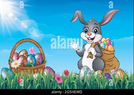 Osterhase, der einen Sack voller ostereier auf einem Grasfeld trägt Stock Vektor