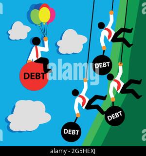 Büroangestellter fliegt mit Schulden. Die Vektorgrafik zeigt das Konzept des Finanzplatzes. Stock Vektor