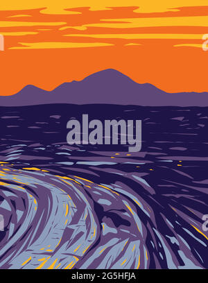 WPA-Plakatkunst eines riesigen Ozeans von Lavaströmen in Craters of the Moon National Monument and Preserve, das sich in der Snake River Plain im Zentrum von Idaho U befindet Stock Vektor