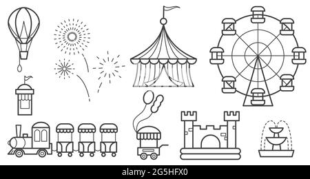 Symbolsatz für den Vergnügungspark. Riesenrad, Zirkus, Fahrten, Ballon, Hüpfburg, Zug, Feuerwerk, Springbrunnen Einkaufswagen. Vektorlinien-Objekte sind Stock Vektor