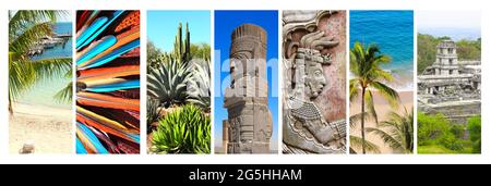 Sammlung vertikaler Banner mit berühmten Wahrzeichen Mexikos. Ruinen des königlichen Palastes, Flachrelief des maya-Königs Pakal, präkolumbianische Maya-Zivilisation Stockfoto