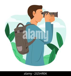 Der Mensch genießt den Outdoor-Lifestyle mit dem Fotografieren. Stock Vektor