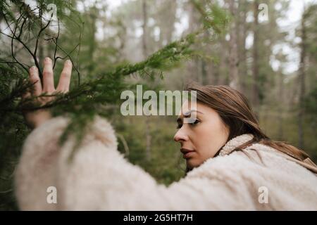 Junge Frau, die im Wald erkundet Stockfoto