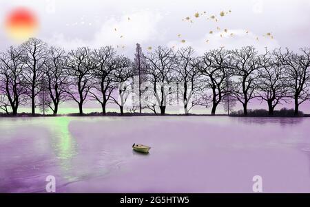 3d Moderne Kunst Wandbild Landschaft Tapete mit dunklen dunklen Dschungel, Wald Hintergrund. Schwarze weihnachtsbäume, Mond mit weißen Vögeln. Geeignet für die Verwendung eines Stockfoto