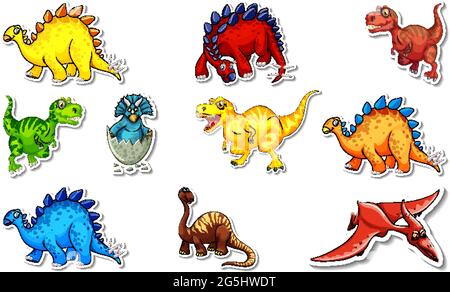 Aufkleber mit verschiedenen Arten von Dinosauriern Cartoon-Figuren Illustration gesetzt Stock Vektor