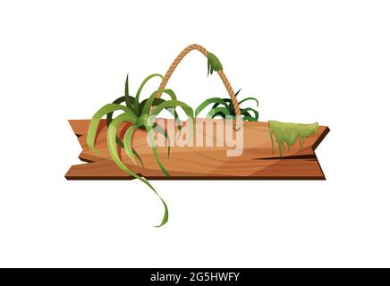 Leere Holzplanke, die an Seilen mit tropischen Blättern hängt. Retro-Banner für Spiele. Cartoon-Vektorgrafik. Stock Vektor