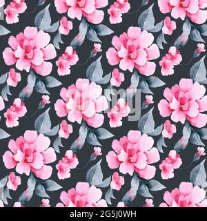 Hübsche rosa skizzierte Blüten mit Rosen und Blättern Stockfoto