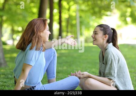 Zwei glückliche Freunde, die im Park auf dem Rasen sitzen und sich unterhalten Stockfoto