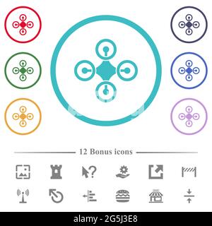 Drone Draufsicht einfarbige Symbole in kreisförmigen Umrissen. 12 Bonus-Symbole enthalten. Stock Vektor