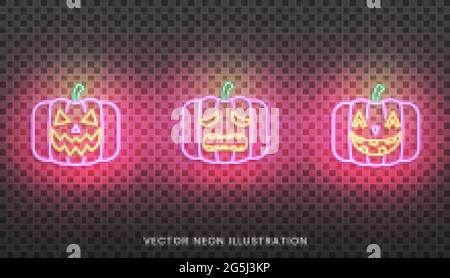 Halloween Neon Kürbisse Zeichen. Set von Bright Jack O Laterne für Halloween Stock Vektor