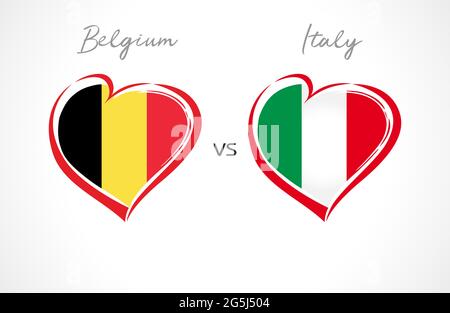 Flaggen-Emblem Belgien gegen Italien. Fußball der Nationalmannschaft auf weißem Hintergrund. Belgische und italienische Nationalflagge im Herzen, Vektorgrafik. Europacup Stock Vektor