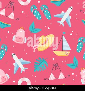 Sommerferien Muster Niedliches Flugzeug, Segelboot, Rucksack, Flip Flops. Handgezeichnete flache Cartoon-Elemente. Vektorgrafik Stock Vektor