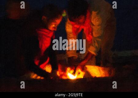 Digital Effect impasto Malerei der Beleuchtung des Feuers auf einem deepam für die Ganga Aarti Zeremonie entlang des Flusses Ganges in Varanasi, Indien gehalten Stockfoto