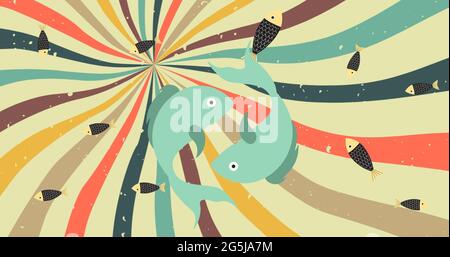 Komposition von bunten Fischen auf Streifen Retro-Hintergrund Stockfoto