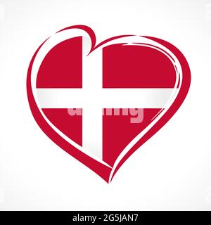 Love Denmark Emblem mit Herz in Flaggenfarben. Dänischer Nationalfeiertag 5. Juni 1849, Vektor-Grußkarte. Feier Dane Verfassungsjubiläum Stock Vektor