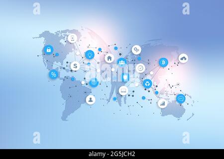 Social-Media-Netzwerk und Marketing-Konzept auf World Map Hintergrund. Globales Geschäftskonzept und Internet-Technologie, Analytische Netzwerke, Illustration Stockfoto