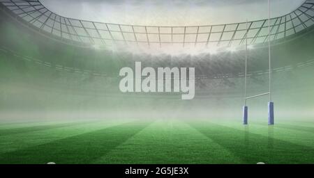 Zusammensetzung des leeren Rugby-Stadions mit Lichtern und Wolken Stockfoto