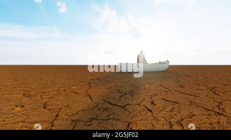 Konzept oder konzeptuelle Wüstenlandschaft mit einem Mann im Boot als Metapher für globale Erwärmung und Klimawandel. Stockfoto